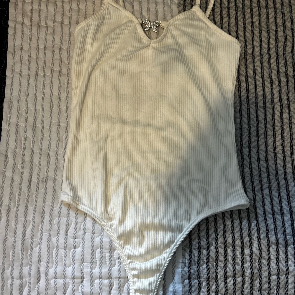 Cream Ribbed Bodysuit with Jewel Detail